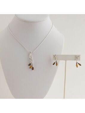 Sterling Silver Amber Stone Pendant Necklace and Earring Jewelry Set Leaf Branch